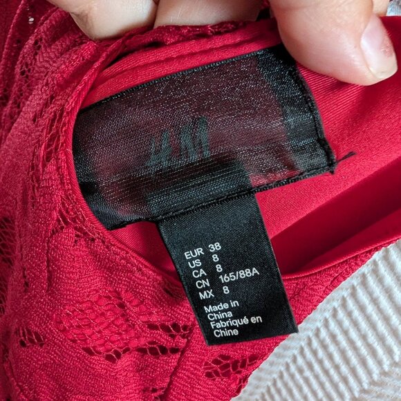 H&M Red Lace Stretch Midi Dress Size 8 Bodycon Wedding Guest Party - Picture 3 of 9